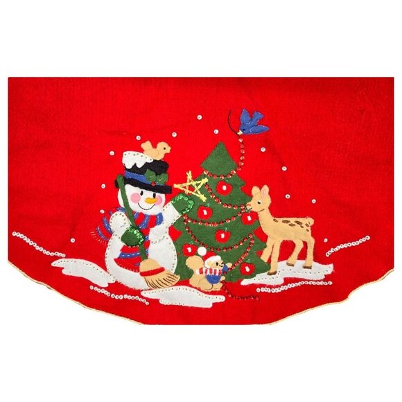 Vtg Red Felt Christmas Tree Skirt 34" Snowman Reindeer Sequin Embroidery Decor - Picture 5 of 12